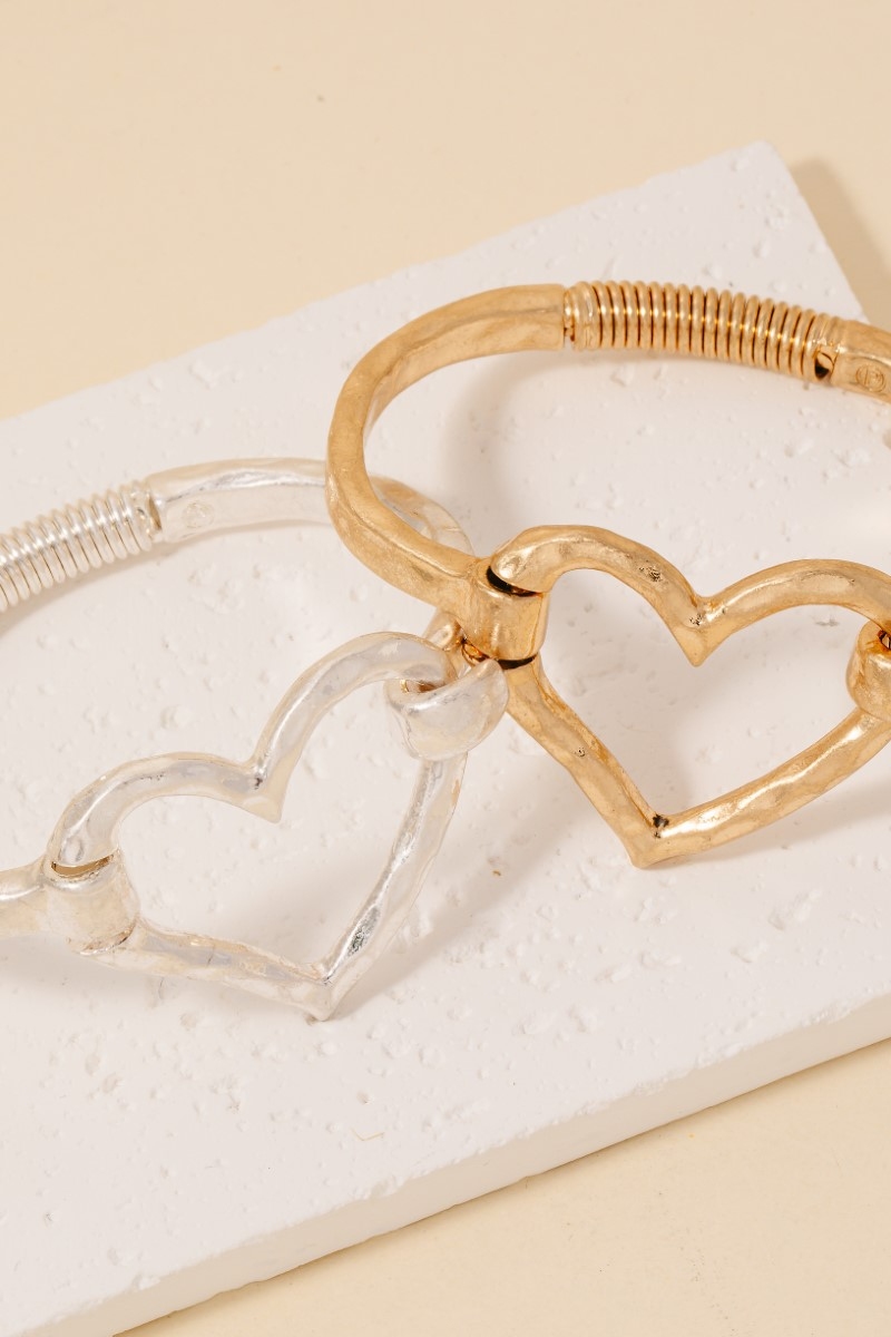 Hammered Heart Coil Spring Hook Bangle Bracelet