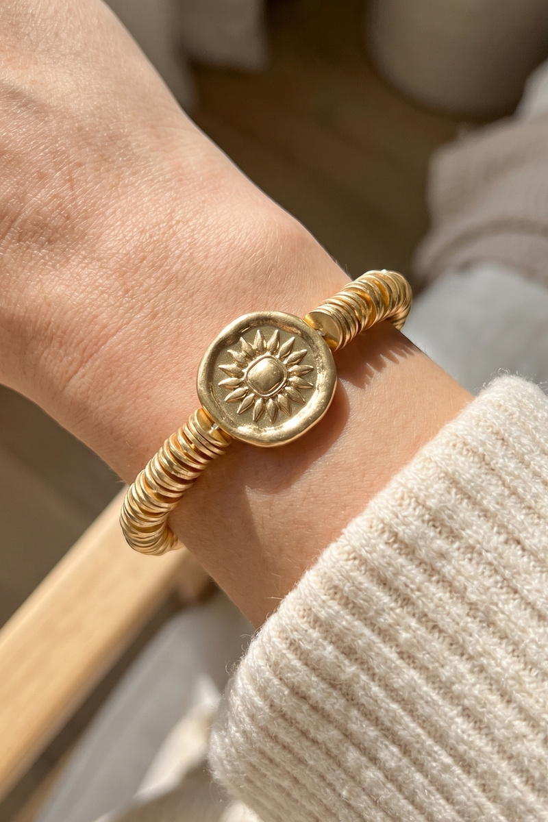 Engraved Sun Medallion Disc Stack Bracelet