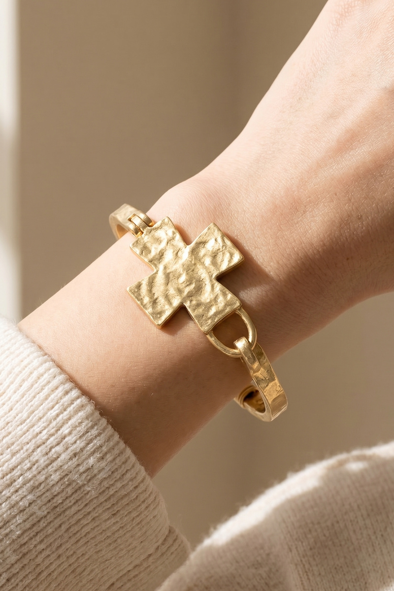 Hammered Cross Hinge Bangle Bracelet