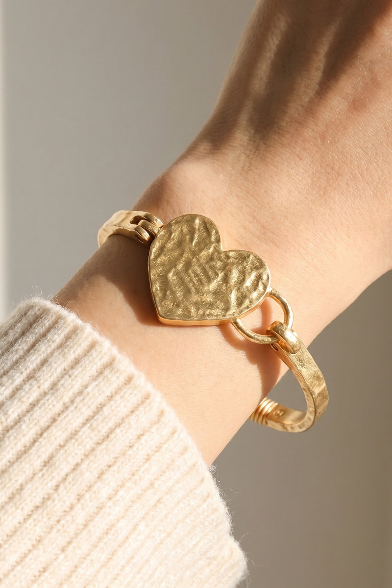Hammered Heart Hinge Bangle Bracelet