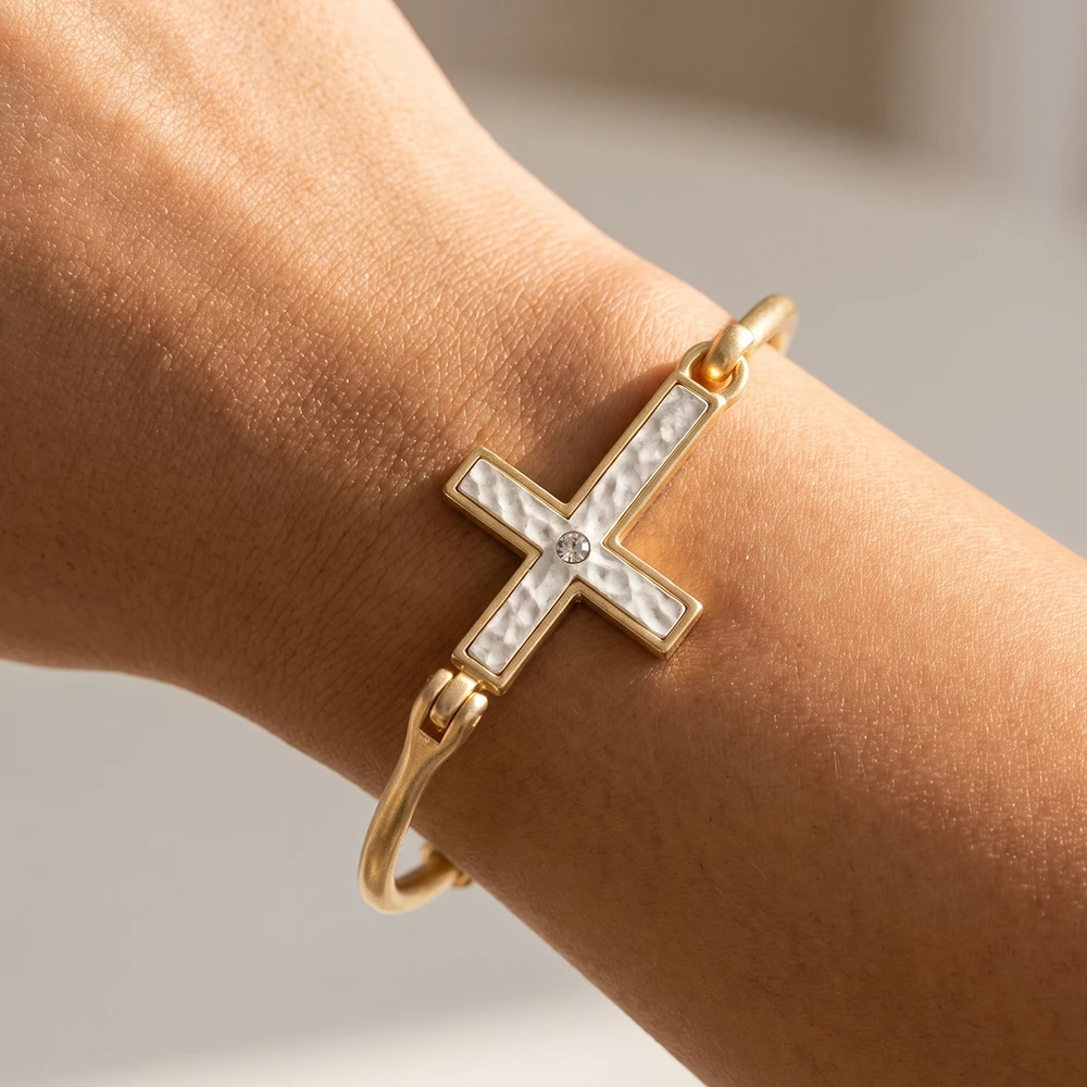 Two Tone Hammered Cross Hook Bangle Bracelet