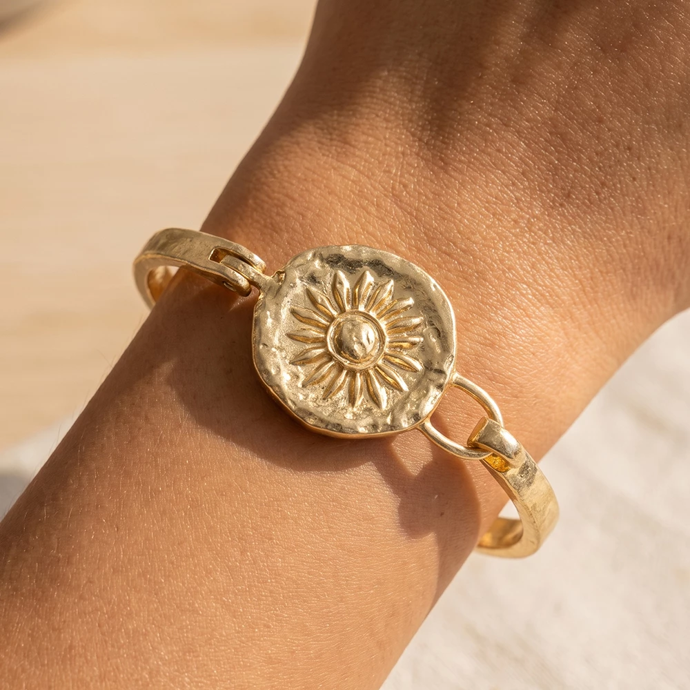 Hammered Sunflower Medallion Hook Bangle Bracelet