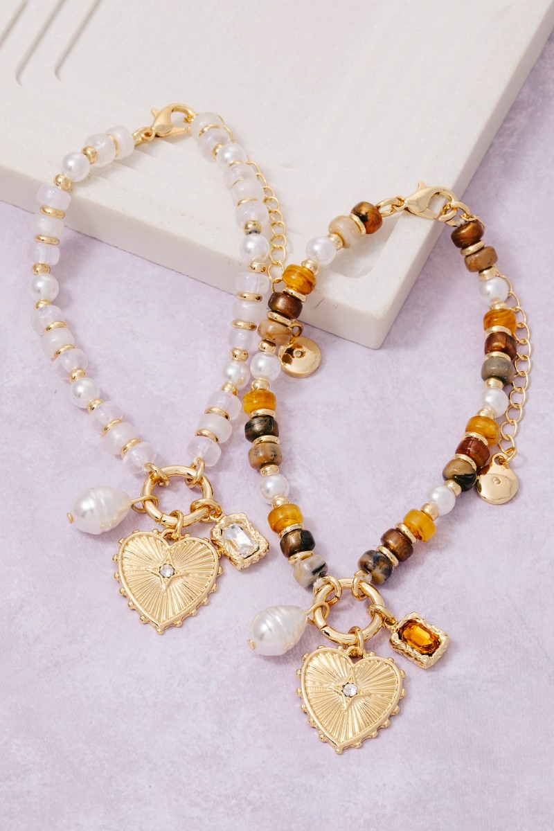 Pearl And Heart Pendants Acetate Beaded Bracelet