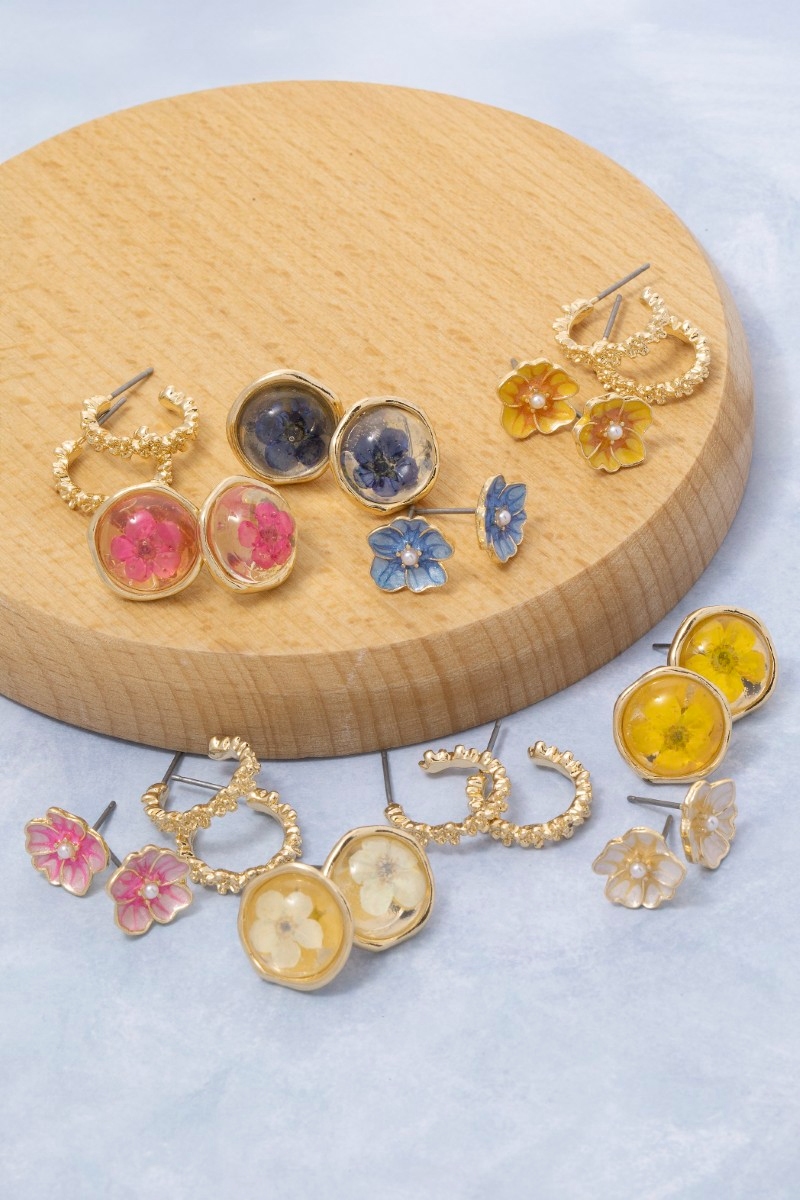 Three Pair Resin Pressed Flower Earrings Set
