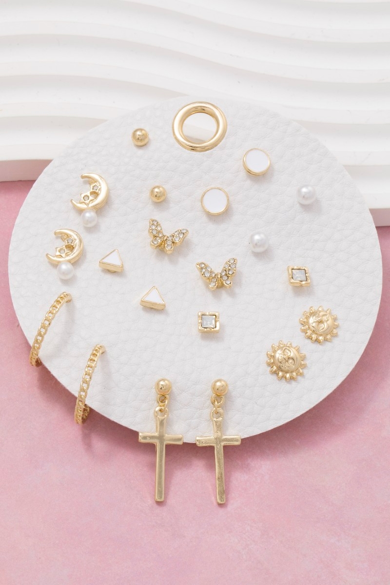 Mixed Pearls And Cross Earrings Set