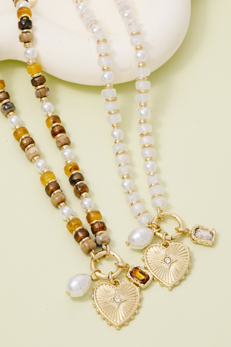 Pearl And Heart Pendants Acetate Beaded Necklace