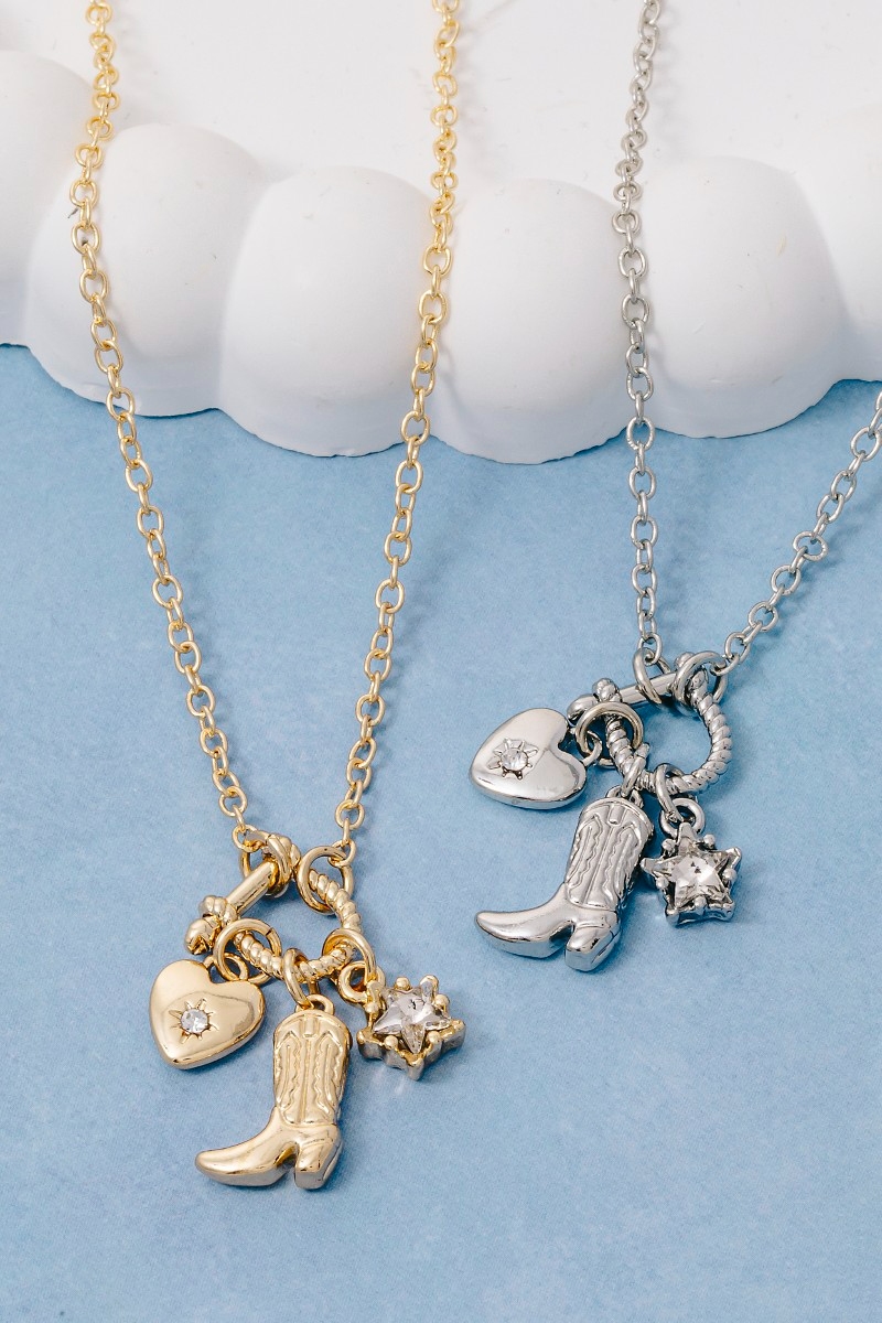 Western Cowboy Boot And Heart Charms Chain Necklace