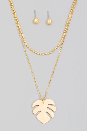 Layered Chain Link Monstera Leaf Pendant Necklace Set