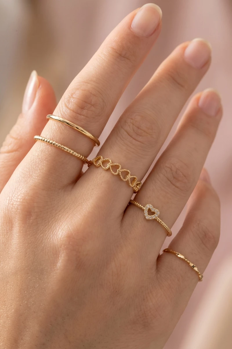 Heart And Cz Five Piece Stacked Ring Set