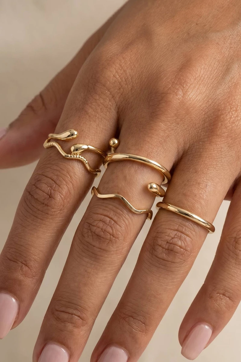 Five Piece Wave And Band Ring Stacking Set