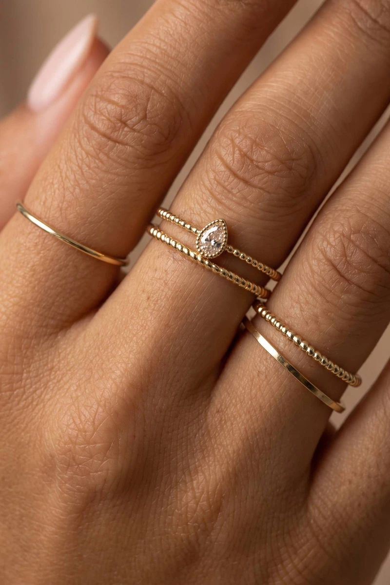 Five Piece Cz Bezel Pear Stone Stacking Ring Set