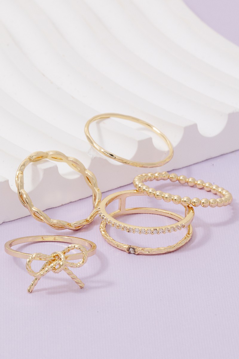 5Pc Cz Mixed Bow And Chain Style Band Rings