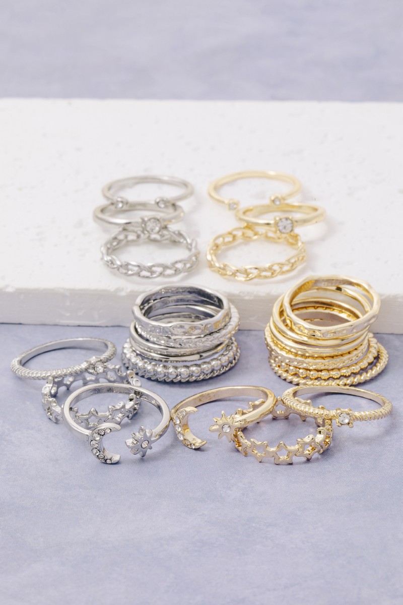 Twelve Piece Moon Stars Assorted Ring Set