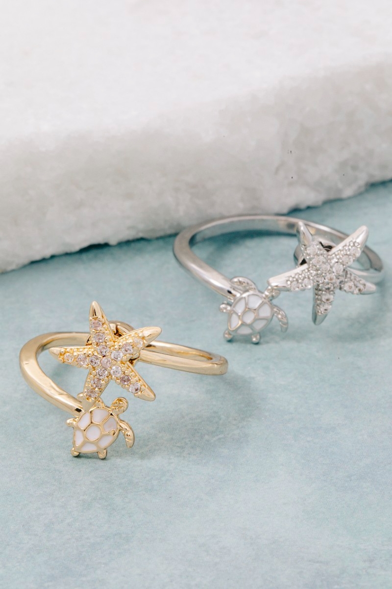 Cz Sea Life Starfish And Turtle Open Ring