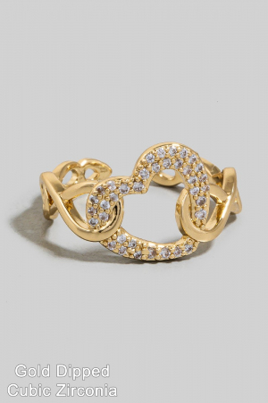 Gold Dipped Cz Heart Solid Chain Open Band Ring