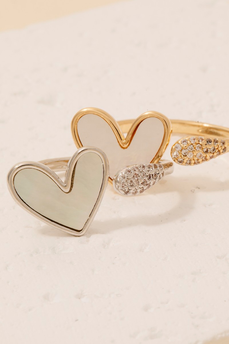 Gold Dipped Cz And Mother Of Pearl Heart Open Band Ring
