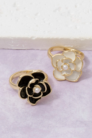 Large Enamel Rose Flower Ring With Pearl Center