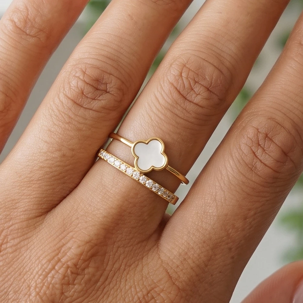 Mother Of Pearl Clover Cz Pave Double Band Ring