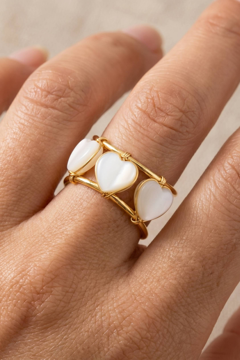 Heart Shell Cabochon Wire Wrap Cuff Ring