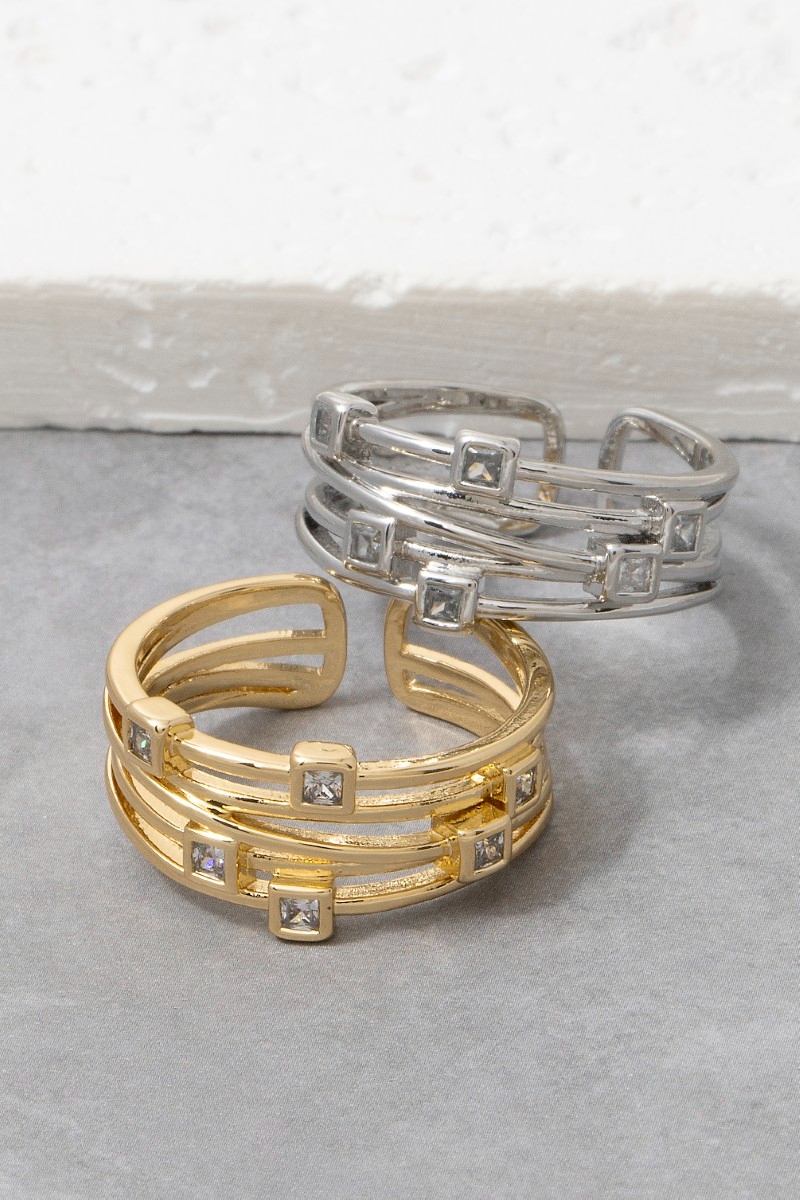 Multi-Band Square Cz Station Open Cuff Ring