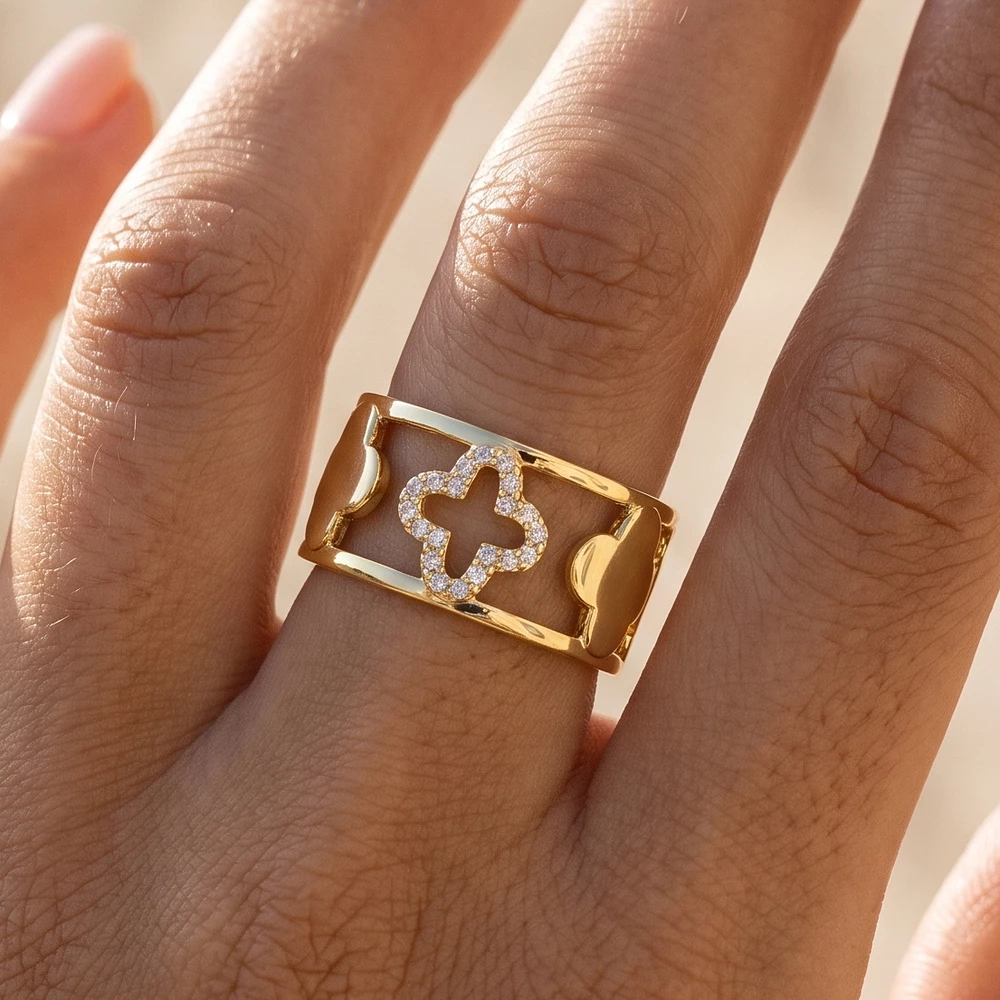 Pave Cz Open Clover Wide Cuff Ring