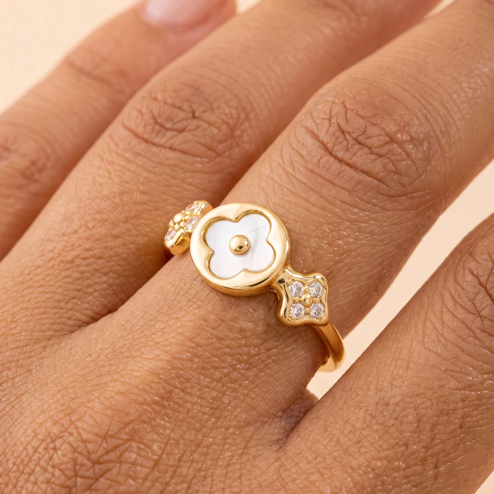 Mother Of Pearl Clover Cz Accent Open Ring