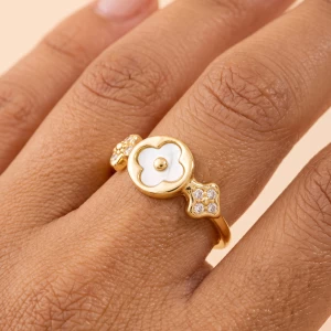 Mother Of Pearl Clover Cz Accent Open Ring