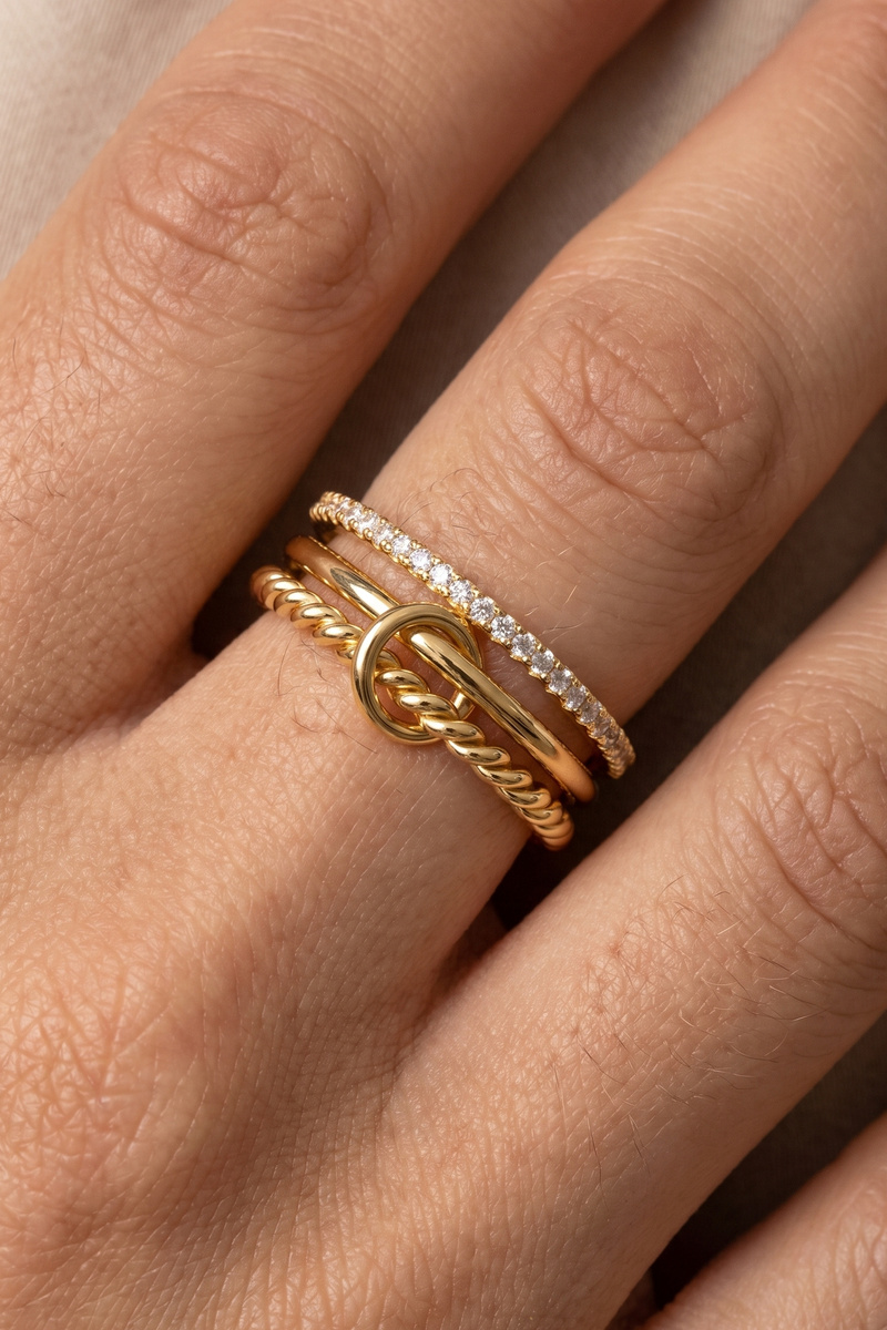 Gold Dipped Triple Linked Cz Ring Set