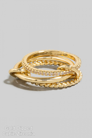 Gold Dipped Cz Studded Layered Linked Band Rings Set