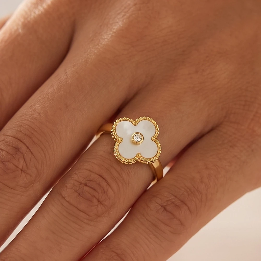 Mother Of Pearl Clover Bezel Cz Open Ring