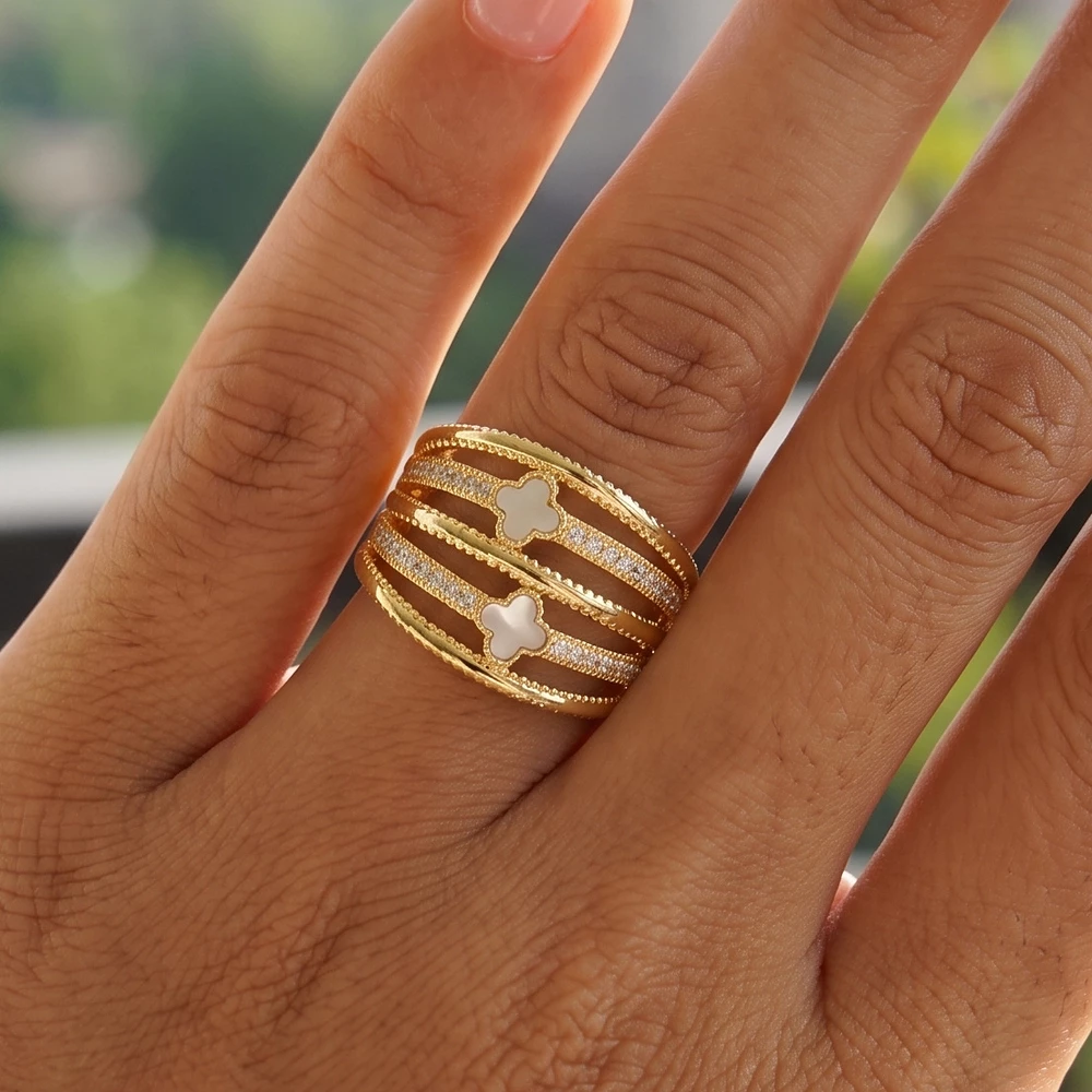 Mother Of Pearl Clover Multi Row Pave Cz Ring