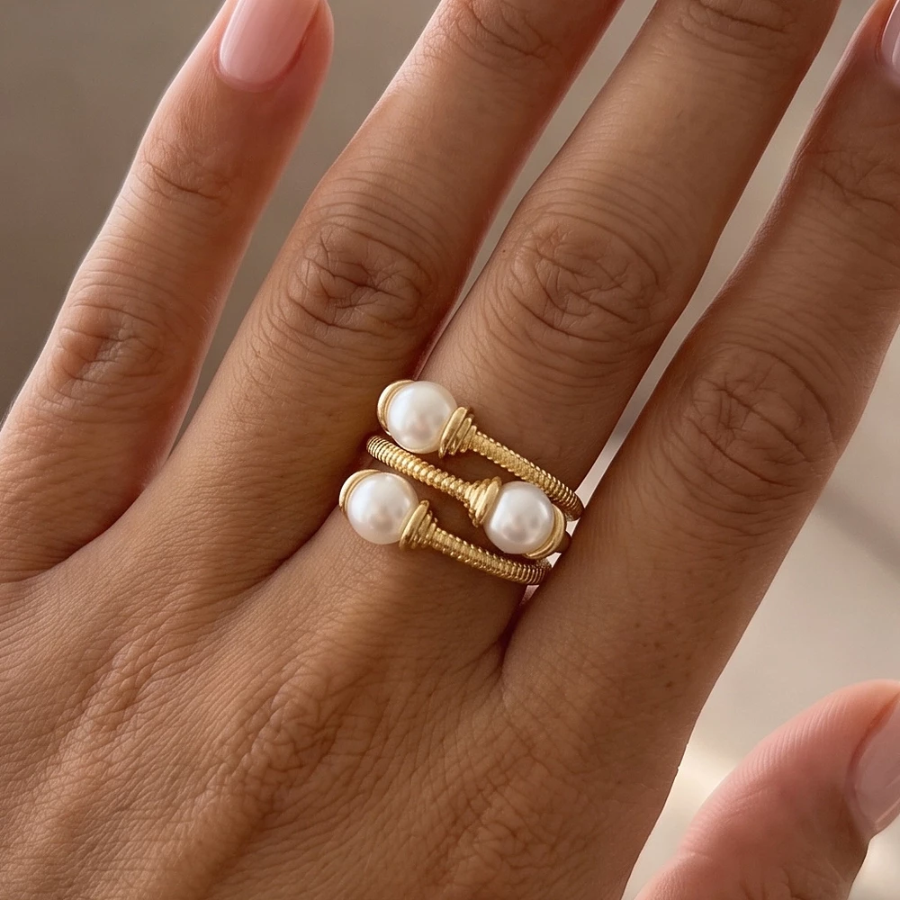 Triple Band Pearl Station Stacked Ring