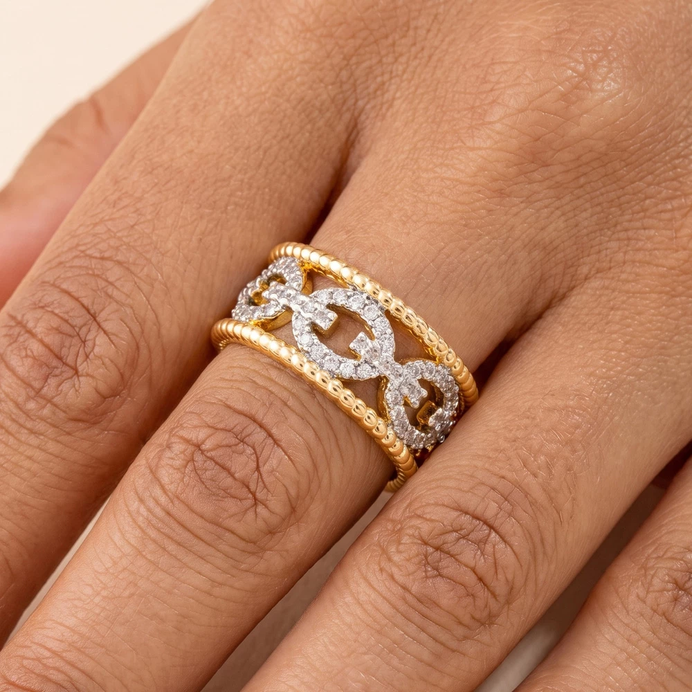 Two Tone Pave Cz Mariner Link Band Ring