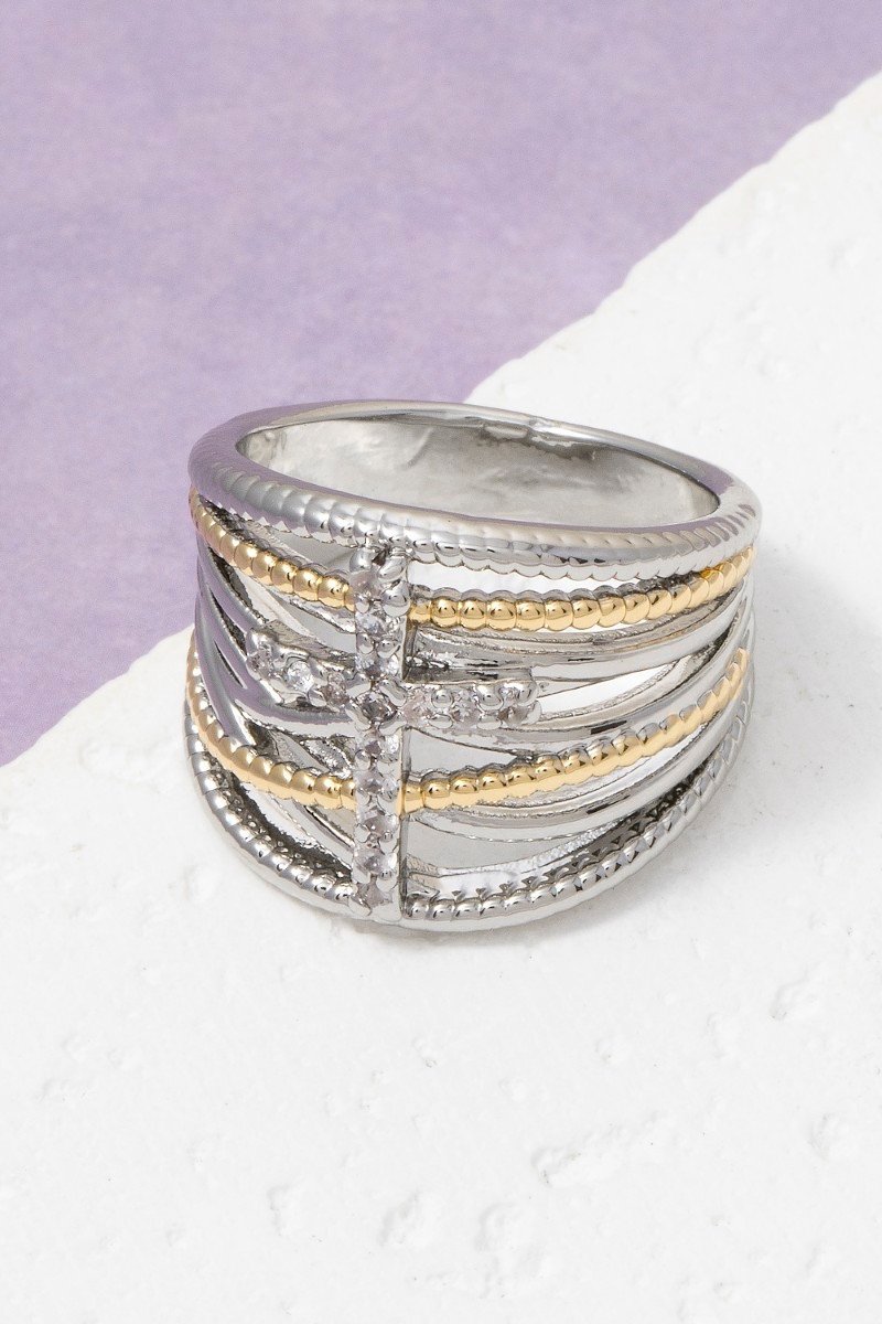 Cz Cross Bar Two-Tone Wide Multi-Band Ring