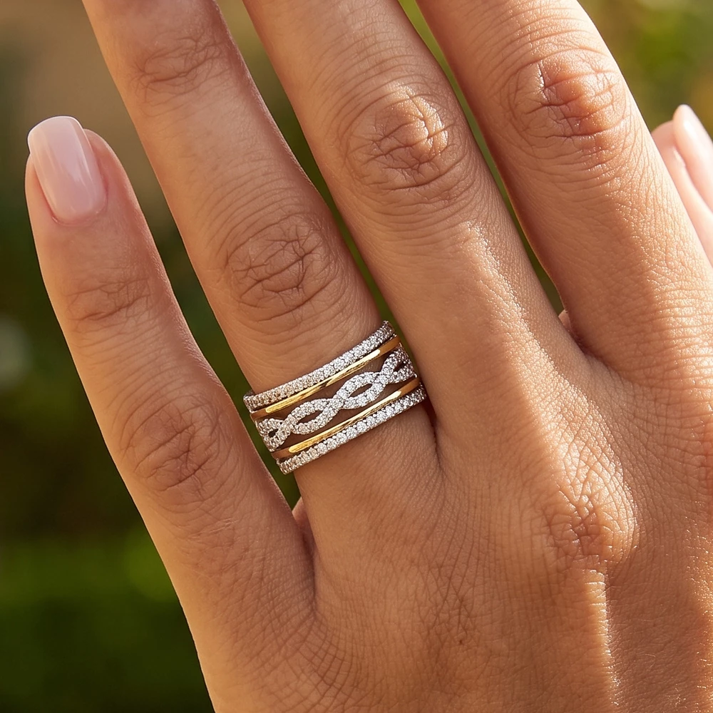 Two Tone Pave Cz Infinity Braid Wide Band Ring