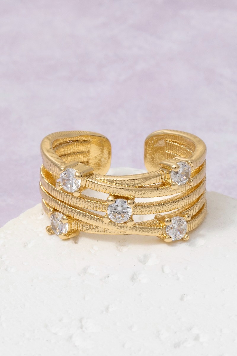 Textured Multi-Band Cz Station Open Cuff Ring