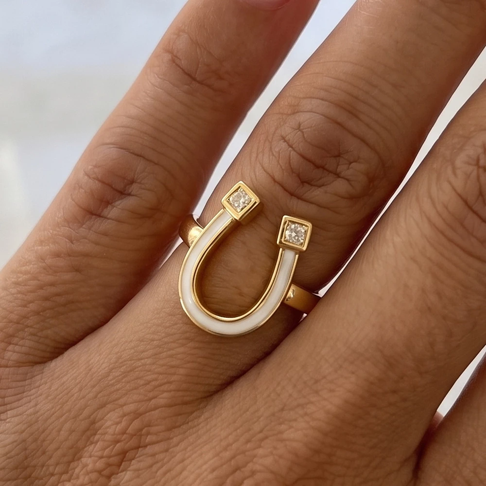 Enamel Horseshoe Princess Cz Open Ring