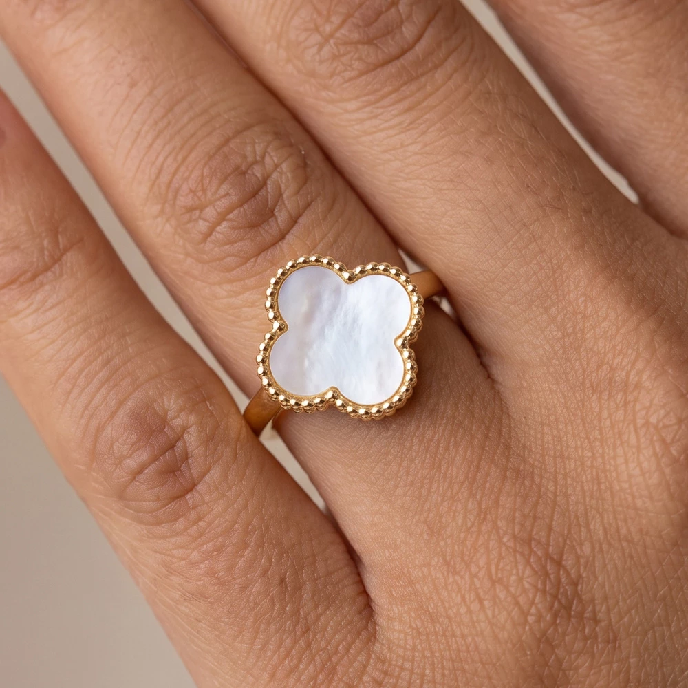 Mother Of Pearl Clover Beaded Frame Ring