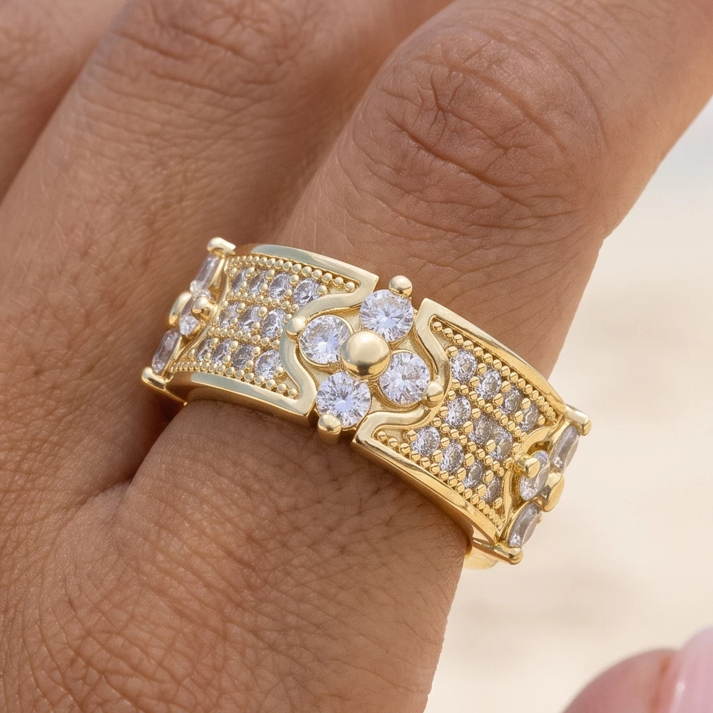 Pave Cz Flower Wide Cuff Ring With Milgrain
