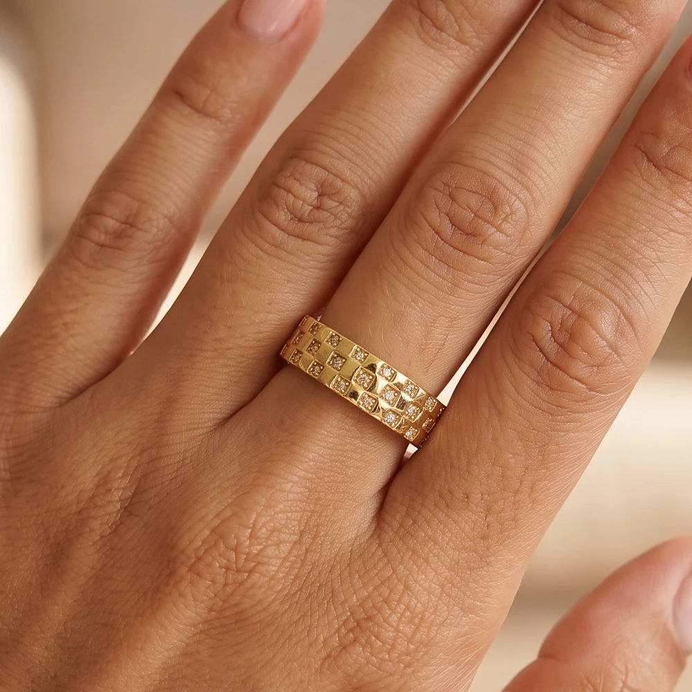 Checkerboard Cz Pave Wide Band Ring