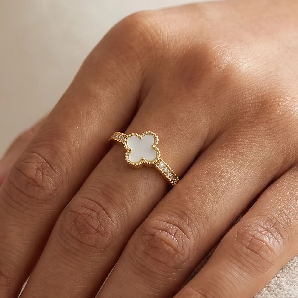 Mother Of Pearl Clover Pave Band Adjustable Ring