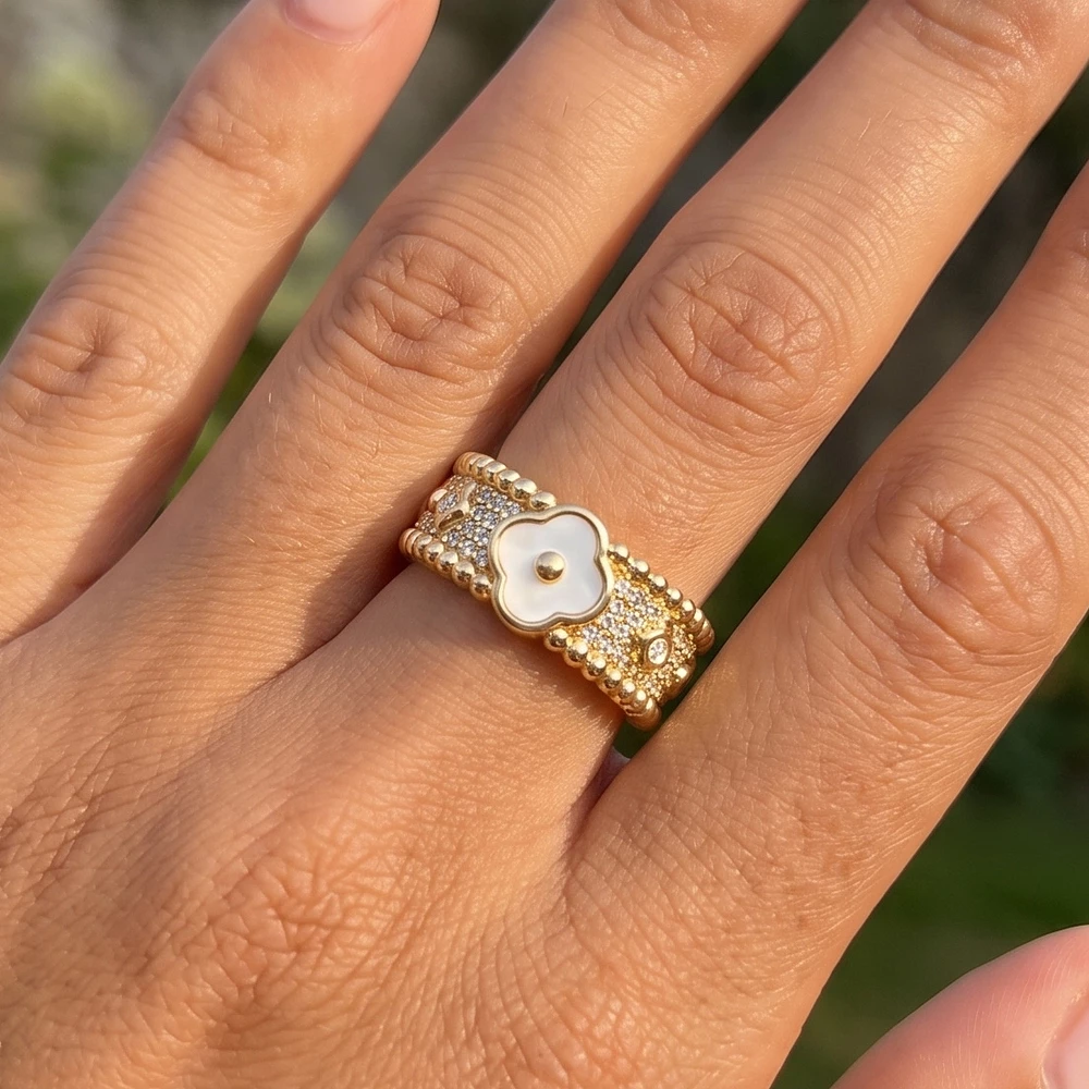 Mother Of Pearl Clover Pave Wide Cuff Ring