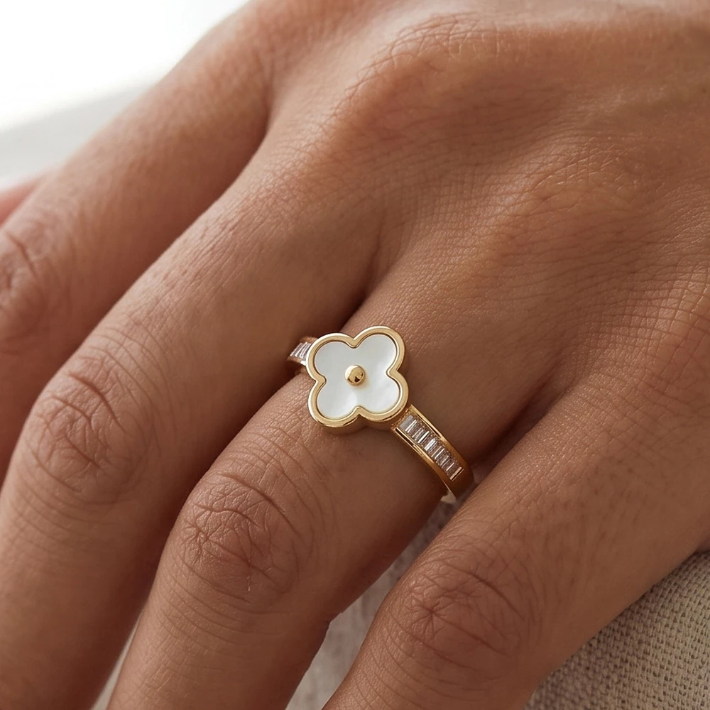 Mother Of Pearl Clover Baguette Cz Open Ring