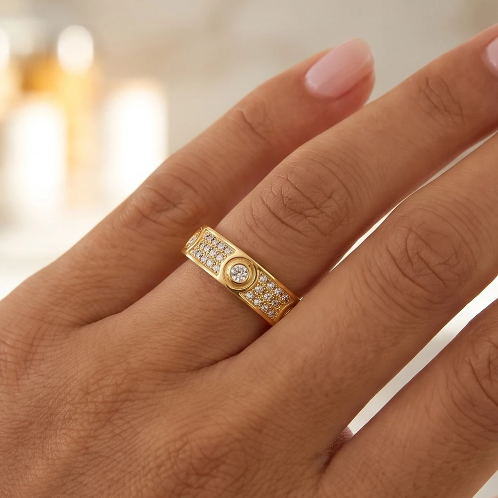 Bezel Cz Station Pave Panel Wide Band Ring