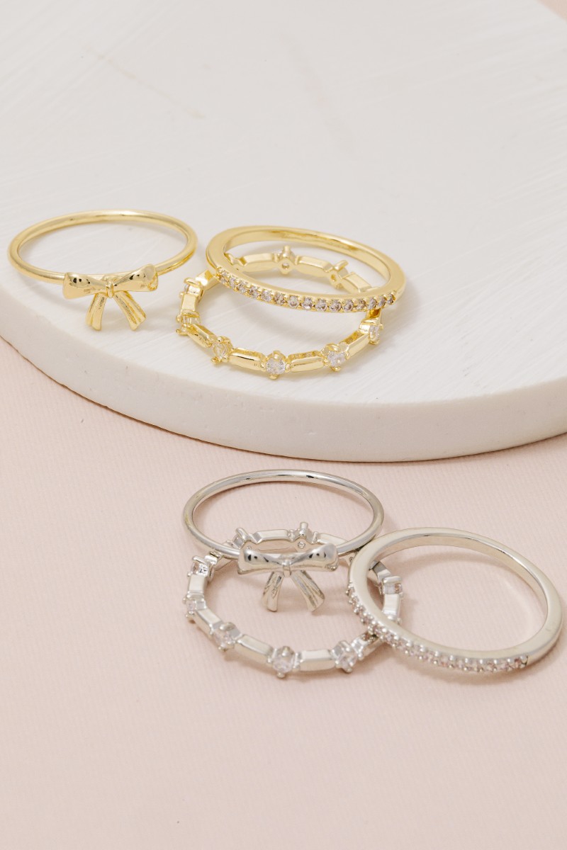 3 Piece Cz Studded Ribbon Bow Band Rings Set