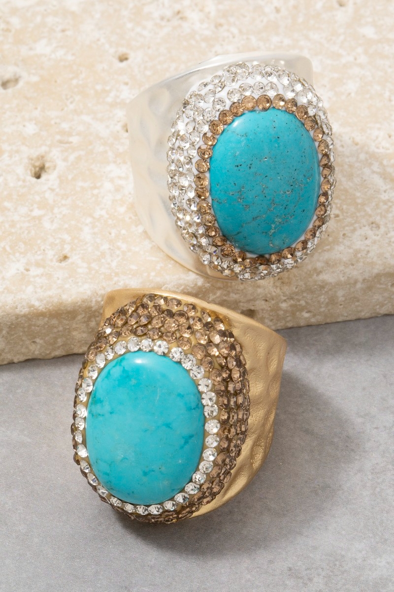 Oval Turquoise Stone Pave Statement Ring