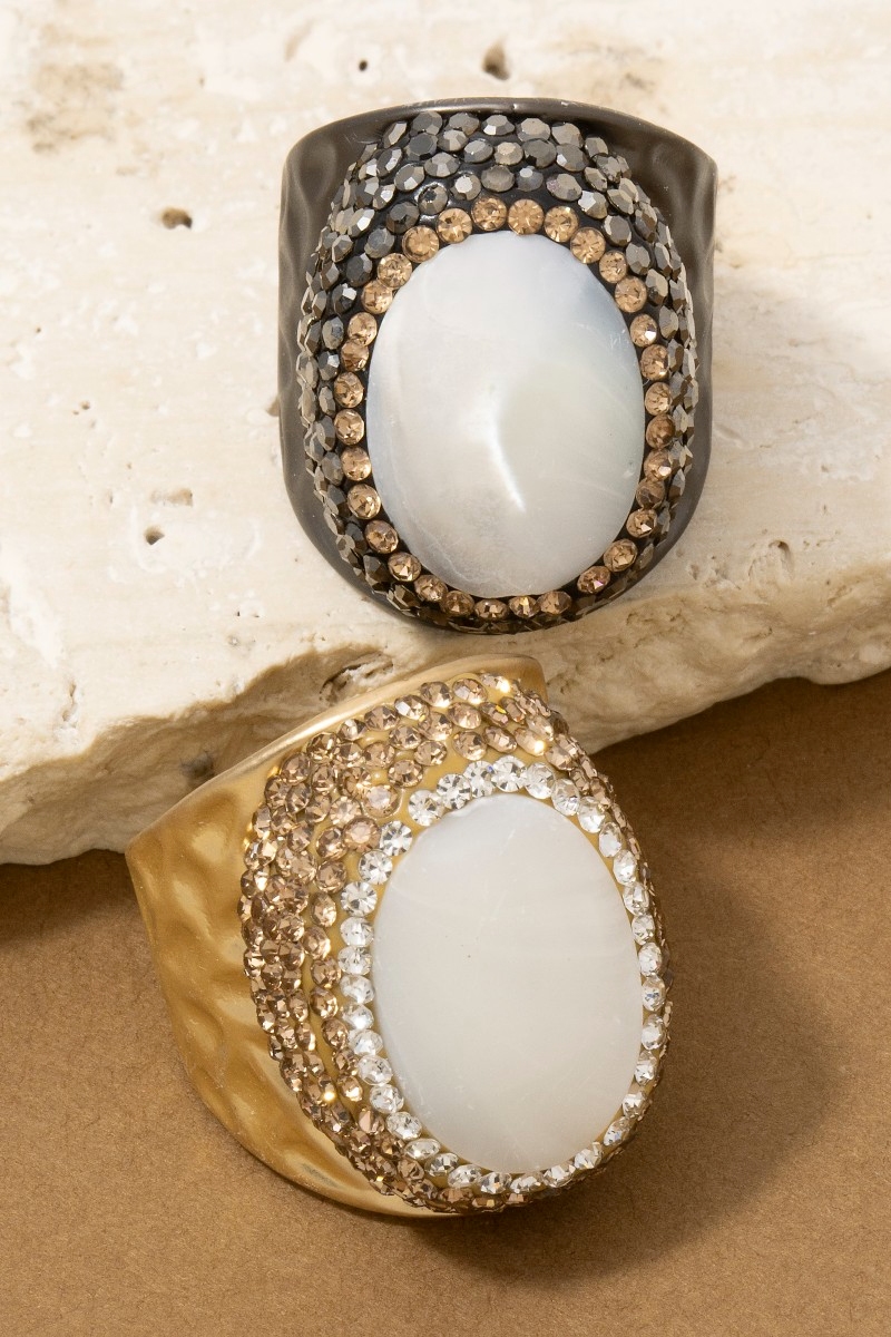 Oval Pearl Stone Pave Statement Ring