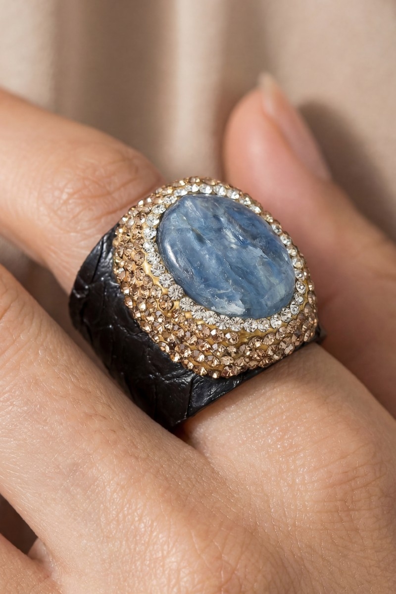 Pave Kyanite Stone With Leather Band Statement Ring