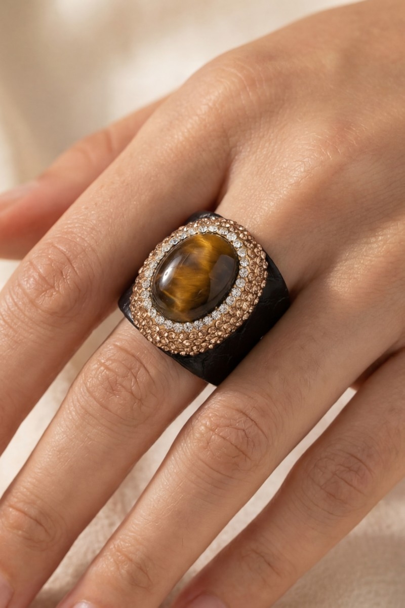 Pave Tiger Eye Stone With Leather Band Statement Ring