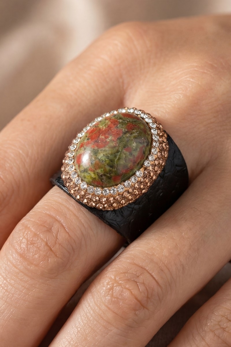 Pave Unakite Stones With Leather Band Statement Ring